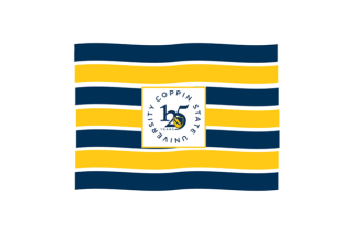 flag of stripes of blue and gold with Coppin State University 125 years in the center